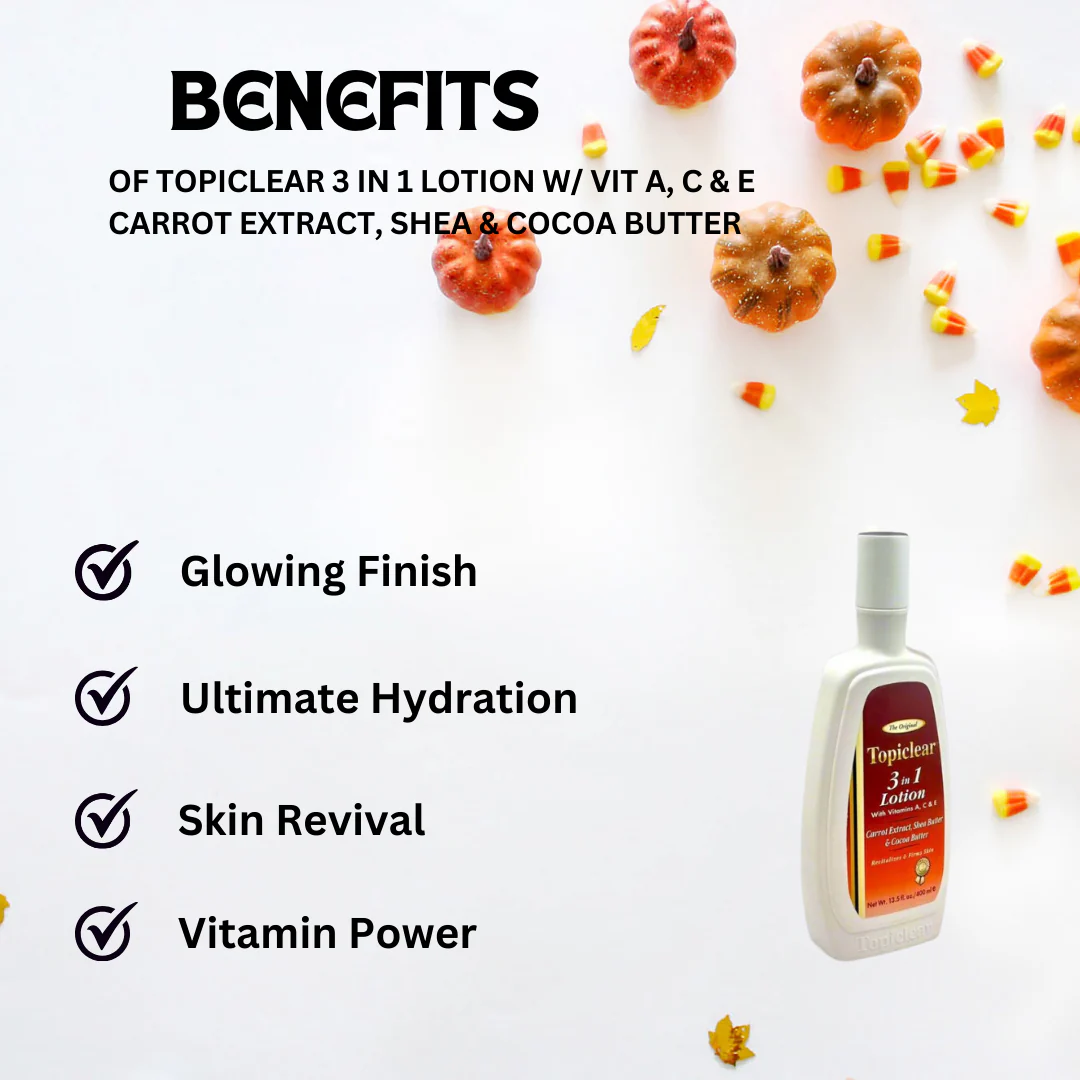Topiclear 3 in 1 Lotion w/ Vit A, C & E Carrot Extract, Shea & Cocoa Butter 400 ml - Image 3